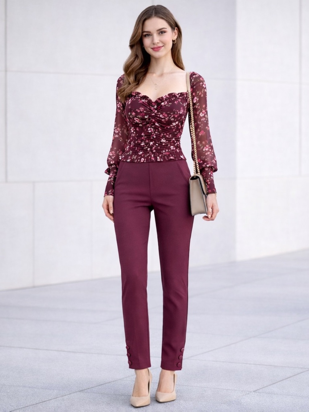 LOFT Marisa Plum Straight Slim Leg Burgundy Purple Long Pants Size 0P